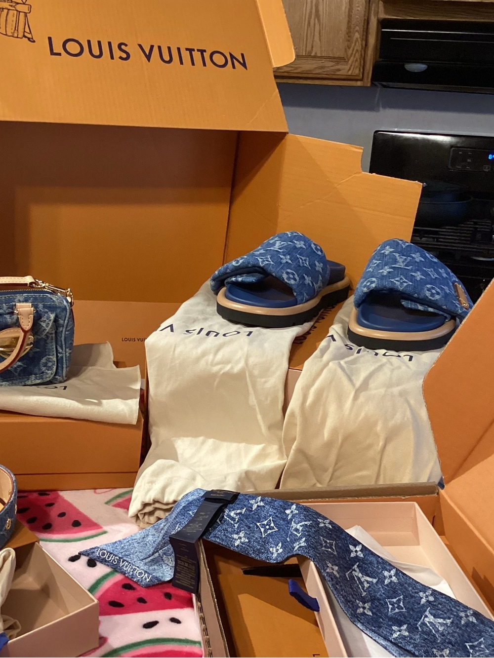 Louis Vuitton Blue Monogram Denim Crossbody Bag with Matching Denim Slides